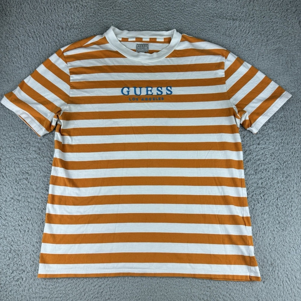 Guess Los Angeles Striped T‎ Shirt Embroidered Adult Size Small Orange White - Picture 1 of 9